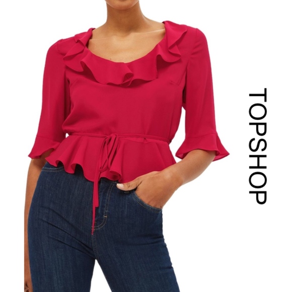 Topshop Tops - [topshop] Phoebe Frilly Top in Red US 6
